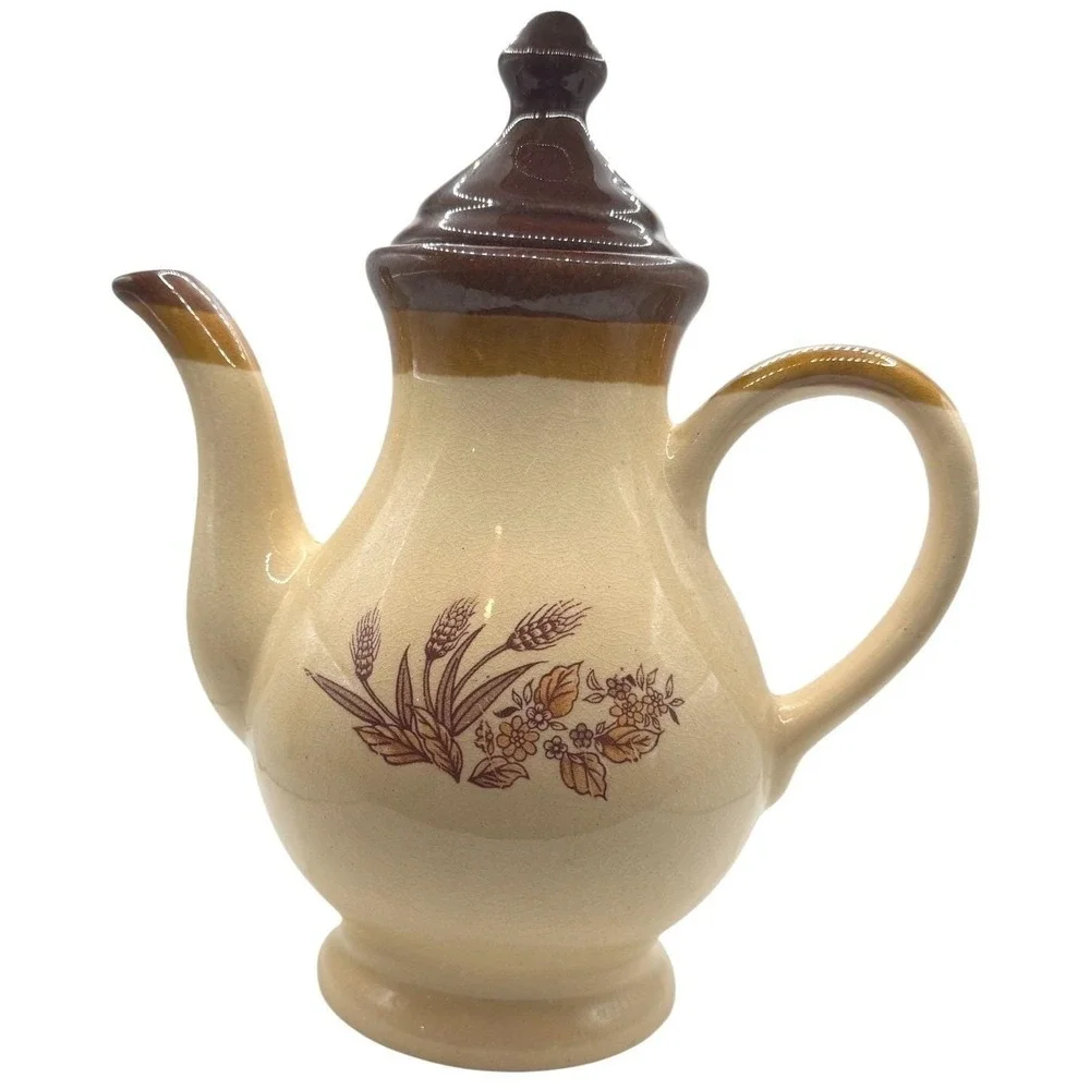 Vintage Stoneware Tea Set Wheat Pattern Teapot Creamer‎ Sugar 4 Mugs Brown Tan
